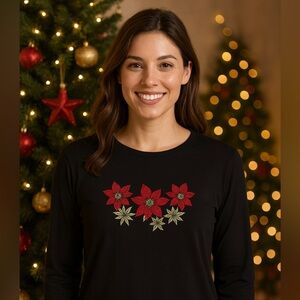 📌5/$25 Classic Elements Black Top with Red poinsettias NEW embroidered sequins